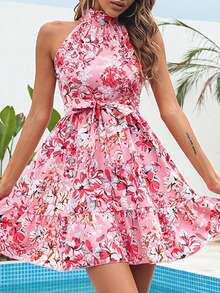 Elegant Floral Dress Spring Summer 2026, Ruffled Drawstring Wide Skirt For Women - Coral Pink - View 2