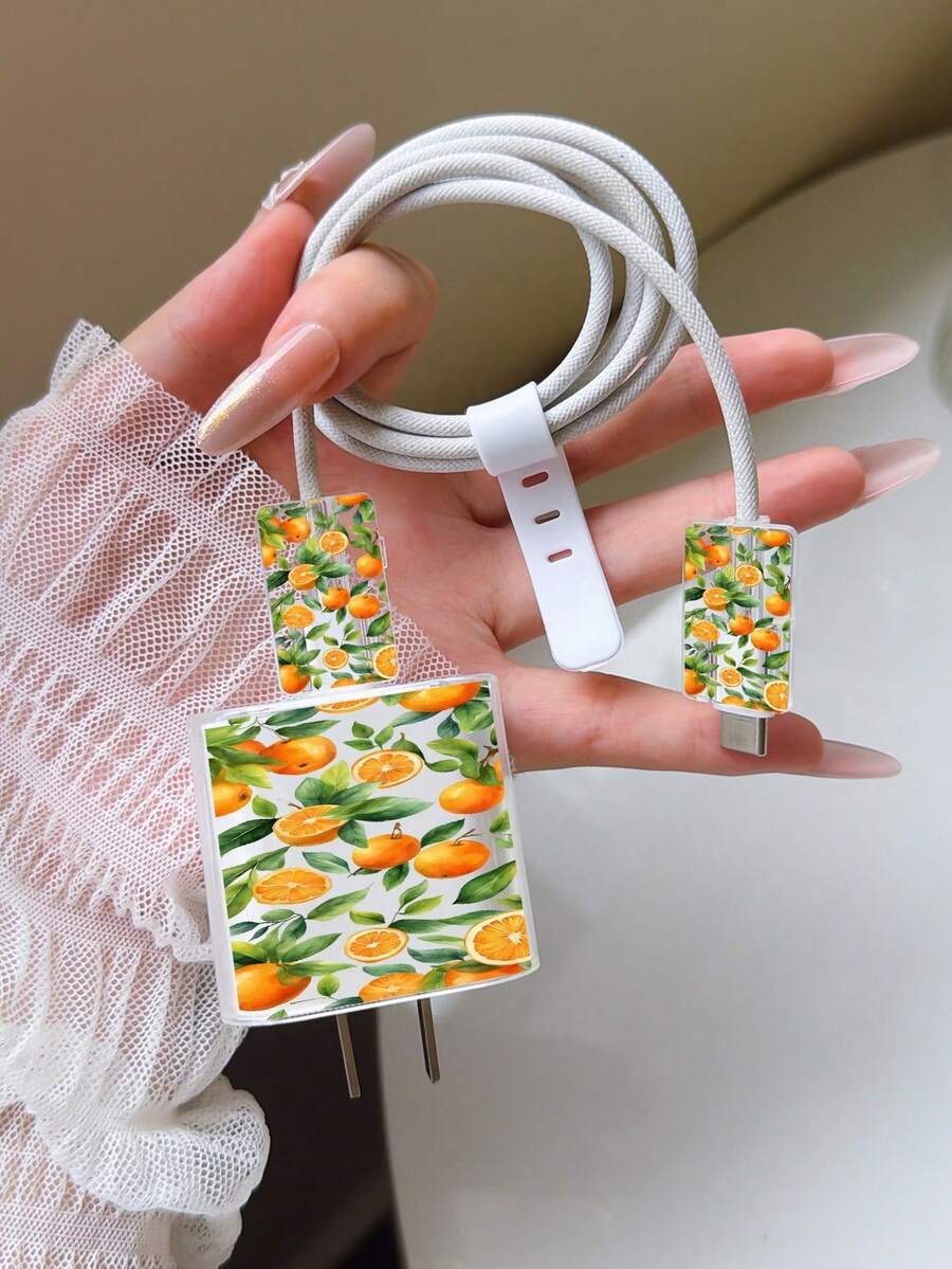 夏季清新橙色设计充电头保护套,数据线整理器,兼容20W充电器,适用于 15 Pro Max、17 Pro Max、16 Pro Max、11、12、13、14 Pro Max,时尚美观 - 無色 - 查看 1