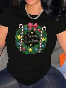 New Arrival,1pc Women'S Casual Christmas T-Shirt, Merry Xmas Print, Round Neck Short Sleeve, Stretchy pure cotton Knit Fabric, Lightweight Holiday Top - nero - Visualizzare 1