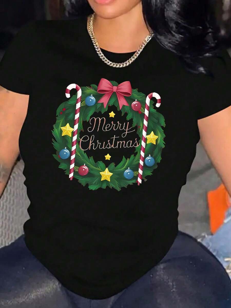 New Arrival,1pc Women'S Casual Christmas T-Shirt, Merry Xmas Print, Round Neck Short Sleeve, Stretchy pure cotton Knit Fabric, Lightweight Holiday Top - nero - Visualizzare 1