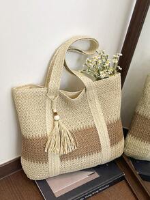 Bolso de playa estilo bohemio de color contrastante, bolso de playa tejido de gran capacidad con flecos y decoración de cuentas, adecuado para vacaciones en la playa y salidas diarias, regalo para maestros - Beis - Ver 4