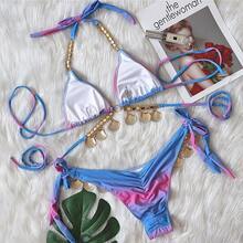 2026 New Sexy Strap Gradient Print Women's Two-Piece Swimsuit Luxurious Crystal Diamond Bikini Shell Swimwear - Gradient Purple - View 4