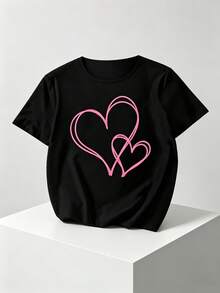 Conjunto de 3 piezas para el Día de San suitable for streetwear, Top oversized cuello redondo daily outings, camping, concerts, hip-hop, rock, and rap events de doble corazón rosa, combinación de 3 piezas, talla grande, a la moda, casual, deportivo, cuello redondo, top de manga corta. - Negro - Ver 2