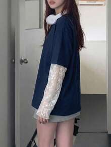 星河女孩蕾絲拼接長袖圓領寬鬆T恤，約會，春/夏，情人節休閒 - 寶藍色 - 查看 5