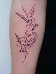 1 Herbal Tattoo Sticker, Minimalist Line Double Flying Birds With Ribbon Vertical Art Tattoo Pattern, Temporary Tattoo Sticker, Washable PVC, Disposable, Waterproof And Sweatproof, For Palms, Arms, Waist, Abdomen, Back, Legs, Non-Reflective, Realistic Tattoo Design, Suitable For Travel, Music Festivals, Gaming, Graduation Gifts, Daily Use, Can Last 7-14 Days - Black - View 3