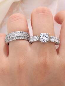 Bộ nhẫn đôi hình giọt nước và quả lê hình bầu dục chữ V thanh lịch, đính đá Cubic Zirconia tổng hợp, quà tặng đính hôn, cưới hỏi. - trắng - Xem 5