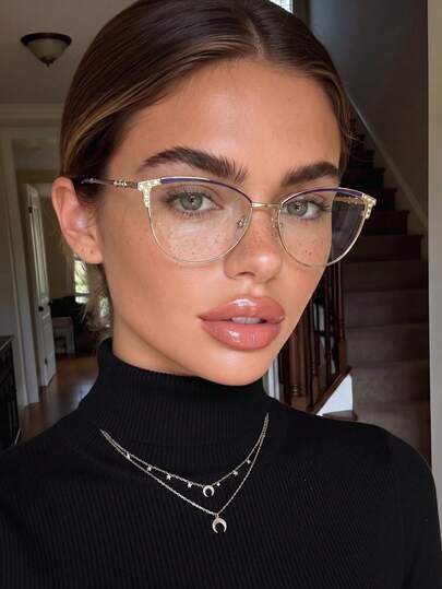 1 pieza Montura de gafas de ojo de gato de metal de dos tonos con brillantes de piedras preciosas para mujer, accesorio de moda para el uso diario, adecuado para la escuela, interior y exterior