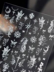 1pc 5D Shiny Starlight Crescent Moon Holy Sword Cross Nail Art Stickers Charms Bowknot Rose Butterfly Angel Manicure Decals Decorations Accessories Press On Nails DIY Nail Art Supplies Design For Women Girls Nails - White - View 1