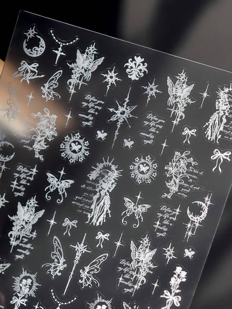 1pc 5D Shiny Starlight Crescent Moon Holy Sword Cross Nail Art Stickers Charms Bowknot Rose Butterfly Angel Manicure Decals Decorations Accessories Press On Nails DIY Nail Art Supplies Design For Women Girls Nails - White - View 1