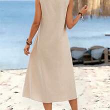 guangzhougaolangshangmao  Vestido largo de verano para mujer con cuello en V sin mangas y hebilla circular de unicolor. Vestidos de verano de algodón casuales sin mangas para mujer. Vestidos de verano casuales para mujer. Vestidos de verano para mujer. Vestidos casuales sin mangas de longitud midi de algodón para mujer. - Amarillo - Ver 3