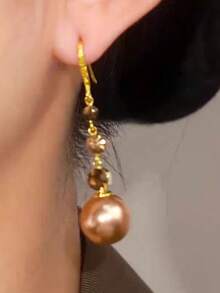 1 Pair Fashion Design Rhinestone & Pearl Long Earrings - Champagne - View 3