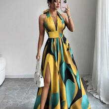 Nuevo vestido maxi de diseño elegante y sexy de estilo francés con cuello en V, halter, cintura expuesta, espalda descubierta, corte evasé y abertura, sin mangas, con estampado floral rojo y verde, de alta calidad y sofisticado para mujeres - Multicolor - Ver 11