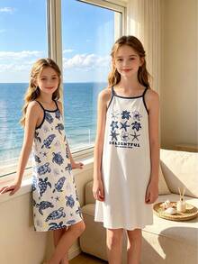 2pcs Girls Loose Nightgown Set With Navy Blue Straps. Features Blue Turtle, Light Yellow Coral, White Seashell And Star Elements. White Base Color With Blue And White Starfish And Floral Print On The Chest, Suitable For Daily Home, Swimming Party And Leisure Vacation. - Multicolor - View 1