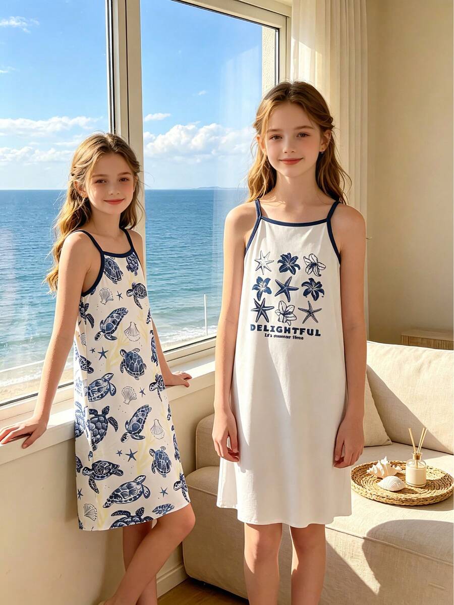 2pcs Girls Loose Nightgown Set With Navy Blue Straps. Features Blue Turtle, Light Yellow Coral, White Seashell And Star Elements. White Base Color With Blue And White Starfish And Floral Print On The Chest, Suitable For Daily Home, Swimming Party And Leisure Vacation. - Multicolor - View 1