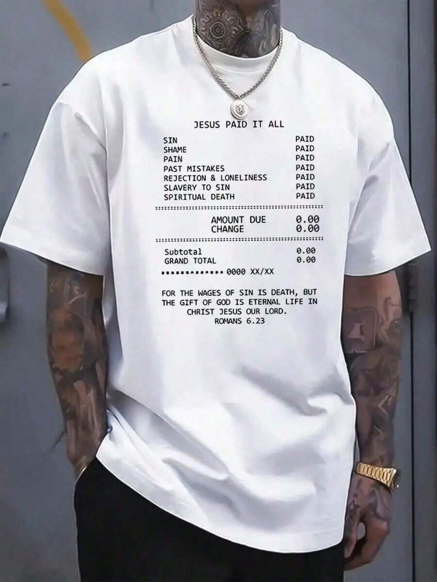 Men's Christian T-Shirt With A "Jesus Paid It All" Receipt Design, Featuring A Biblical Message And Cross. Suitable For Casual Church Wear, Everyday Religious Wear, Short Sleeves, And A Crew Neck. The T-Shirt Includes A Spiritual Statement And A Print Of Jesus Saving The Cross. Sizes S-3XL LW2V - 白色 - 查看 1