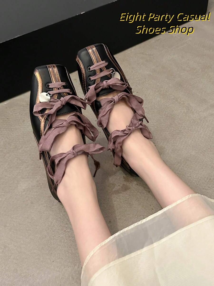 1 Pair Women's Ballet Flats, Mother Shoes, Square Toe, Hollow Breathable, Lace Stripe, Gold & Black Color Block, Fashionable Design, Metal Decor, Daily Wear, Commute & Party, Versatile Popular Women Shoes - Black - View 1