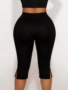 Plus Size Women's High Elasticity Skinny 7/8 Leggings, Black Slim Fit Summer - 黑色 - 查看 3