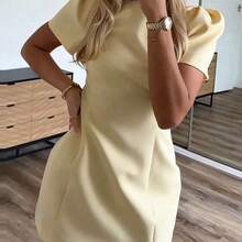 Nuevo vestido de manga corta con manga de pétalo de unicolor, elegante y casual, adecuado para uso diario y oficina, primavera/verano - Amarillo - Ver 8