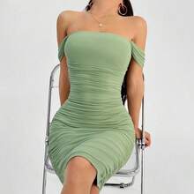 guang zhou mi qian shang mao  PETITE Vestido verde de hombros descubiertos para vacaciones de primavera, ropa barata de verano, vestido de verano, vestido de primavera, vestido pastel, vestido de playa para mujer, vestido largo de playa, vestido de verano - Blanco - Ver 2