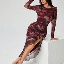 guang zhou mi qian shang mao  PETITE Vestido de fiesta asimétrico con abertura y hoja de loto para mujer - Negro01 - Ver 5