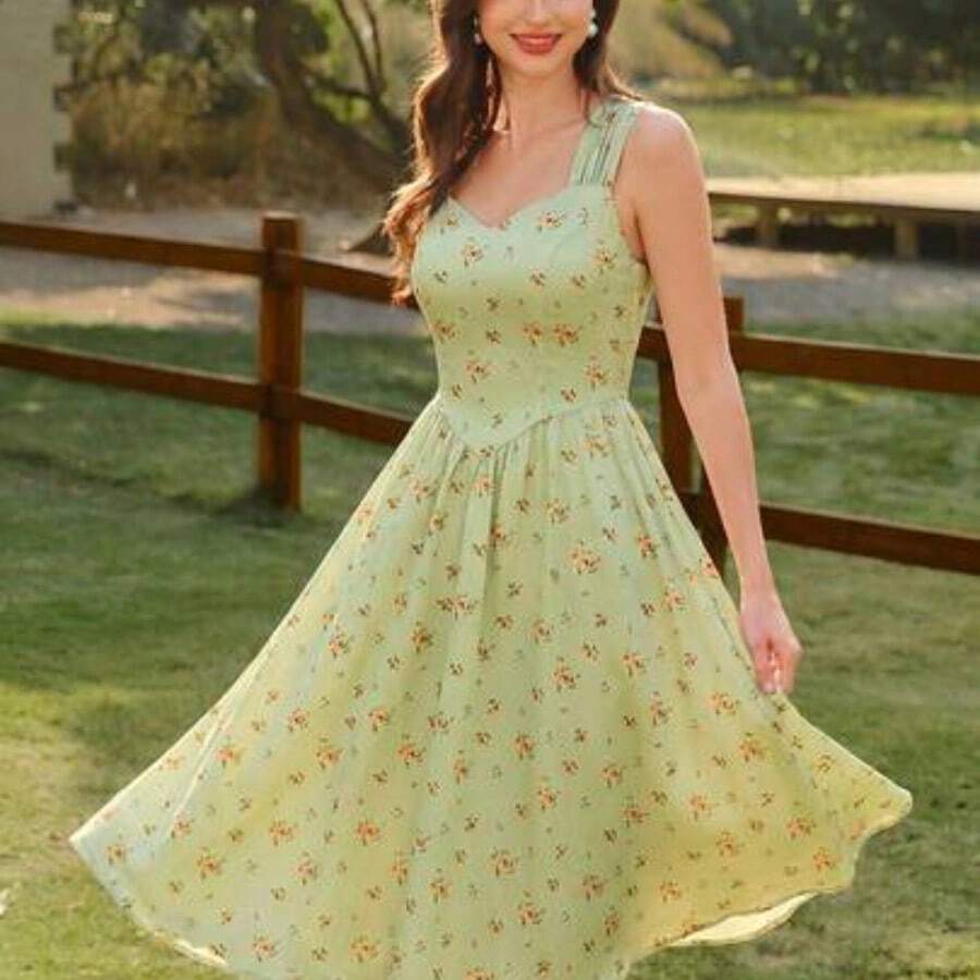 guang zhou mi qian shang mao  Vestido elegante vintage de mujer con bolsillos, vestido con estampado floral, cuello en forma de corazón, vestido casual de vacaciones, vestidos de verano para mujer, conjuntos de vacaciones de verano, atuendos de primavera para mujer, vestidos de primavera para mujer, ropa de primavera para mujer, atuendos de vacaciones de primavera, ropa de primavera para mujer, vestidos elegantes para fiestas, vestidos elegantes para fiestas para mujer, vestido de invitada de boda, vestido de fiest - Verde - Ver 1