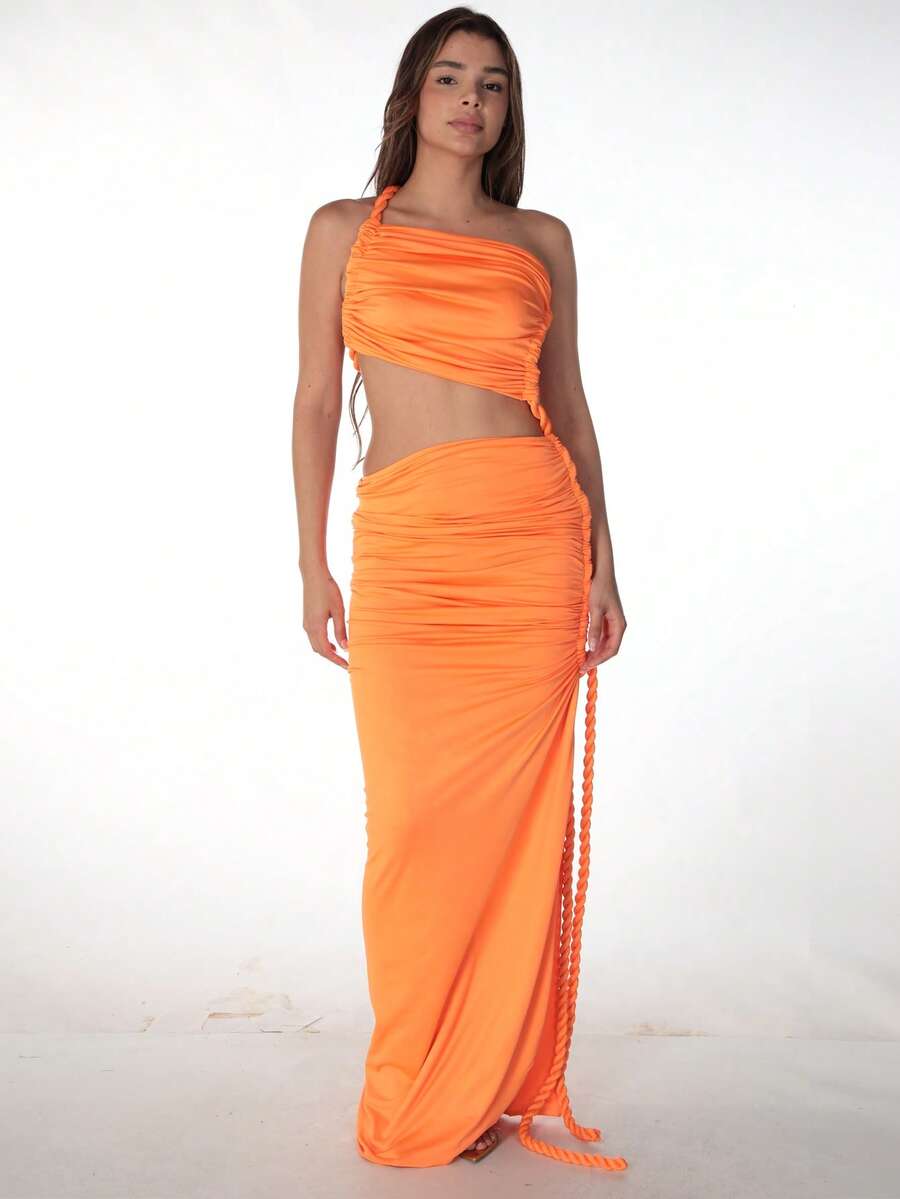Women's Summer Solid Color Patchwork Backless Side Slit Ruched Long Dress, Fitted Sexy Elegant Party Gown - Orange - View 1