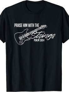 Vestibilita.1pac.100%Cotton.Men's Christian Worship T-Shirt With Praise Him String Quartet & Guitar Chord - Suitable For Church, Concerts, Casual Wear, Round Neck Regular Fit Music Ministry Apparel For Male Musicians.Palme Graphics - Black - View 6