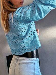 Solid Color Embroidered Ruffle Tie Front Button Lantern Sleeve Blouse Vacation Summer, For Her - Baby Blue - View 3
