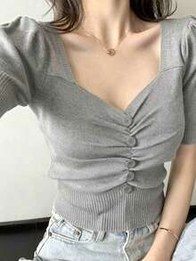 女款純色極簡休閒短袖針織上衣 夏季 - 灰色 - 查看 4