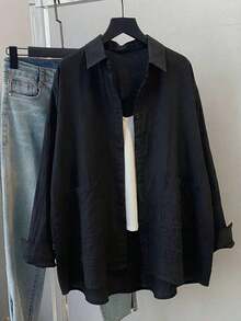 Women's Casual Loose-Fitting Solid-Color Long-Sleeved Shirt, Spring/Summer - 黑色 - 查看 9