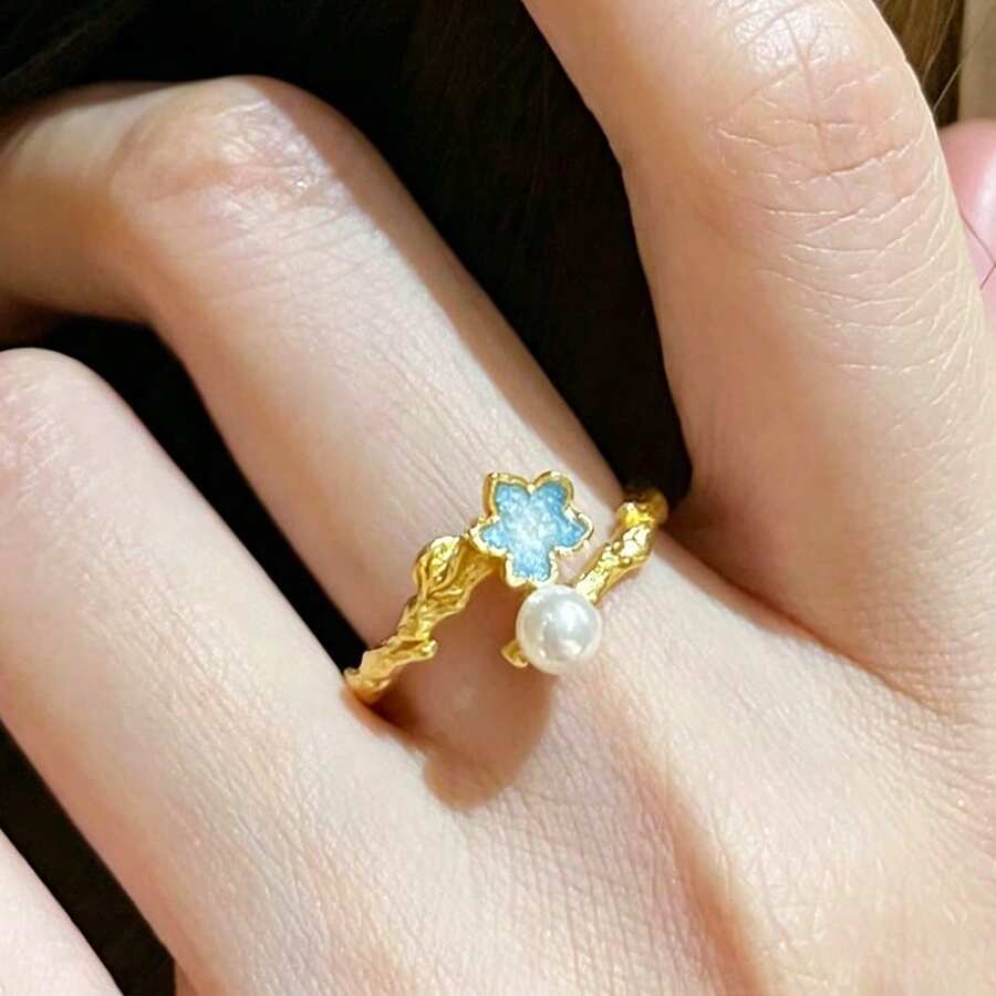 1 chiếc nhẫn hở kiểu Trung Quốc mới, lãng mạn, thanh lịch, tinh tế, sang trọng với họa tiết hoa ngọc trai giả, phụ kiện cao cấp cổ điển phù hợp cho phụ nữ đeo hàng ngày. - Vàng - Xem 1