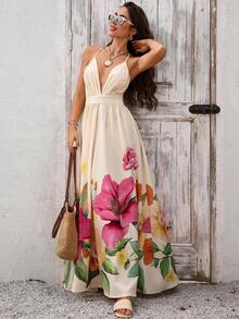 xheVivid Eden Vestido de mujer con estampado floral, cintura ceñida, escote halter y espalda descubierta, adecuado para vacaciones de veranoxhe - Beis - Ver 10