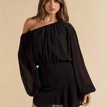 Vestido corto y mini de gasa negra sólido con cuello asimétrico, mangas farol sueltas para mujer, vestido de gasa para vacaciones - Café integral - Ver 4