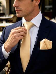1 Set Men's Gold Ribbed Tie & Pocket Square Set, Suitable For Wedding Party Groom Tie Outfit - Gold - View 2