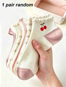 1/5 Pairs Women's Cherry Wood Ear Pink Short Socks, Cute Sweet Breathable Low-Cut Socks, Versatile For Daily Wear, Suitable For All Seasons - Multicolor - View 5