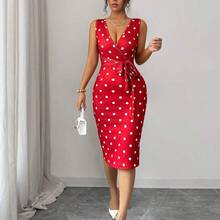 Nana's Women's Clothing Store  Elegante vestido de lunares con volantes y cintura anudada de longitud media para mujer, casual diario, fiesta, vacaciones, adecuado para el Día de San Valentín, boda, vestido rojo de moda - Blanco - Ver 7