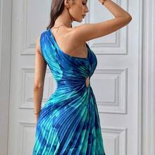 guang zhou mi qian shang mao  Vestido sin mangas con cuello asimétrico plisado, estampado de teñido anudado para mujeres - Multicolor - Ver 5