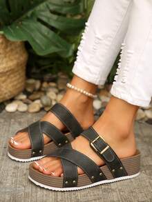 Sandal đế bánh mì nữ mùa hè kiểu retro màu đen, quai đan chéo đính đinh tán, hở ngón, đế dày điều chỉnh được, dép lê casual chống trượt - màu đen - Xem 2