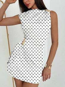 Women's Dress With Umbrella Sleeves And Ruffles With Metallic Decoration - Black and White 2 - View 5