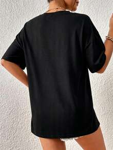 Camiseta Gráfica de Verano para Mujer, Estilo Casual, Ajuste Holgado, Estampado de Tortuga y Letras, Talla Grande - Negro - Ver 2