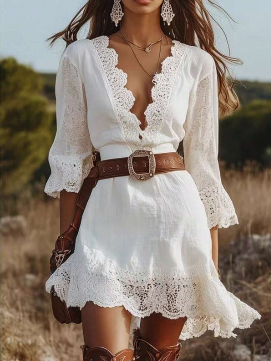 Elegante vestido corto blanco estilo bohemio para mujer con ribete de encaje, escote en V, mangas tres cuartos tipo pétalo, bajo acampanado, tejido de punto y corte en línea A. - Blanco - Ver 1