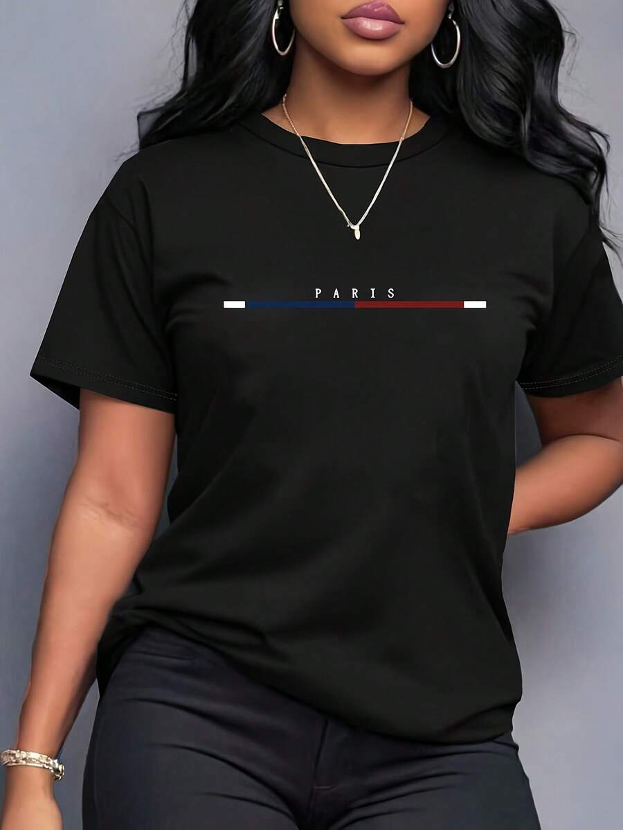 Camiseta de Mujer con Letras de París y Rayas Francesas - Corte Relajado, Manga Corta, Cuello Redondo con Rayas Horizontales Azul/Blanco y Estampado Rojo de París, Camiseta Casual para Looks Informales - Negro - Ver 1