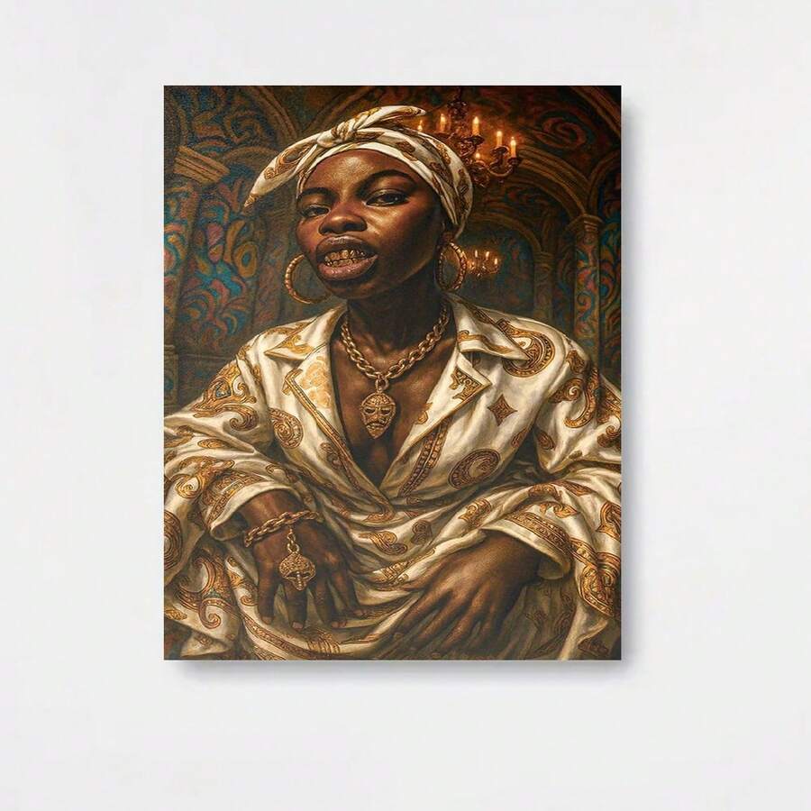 1 Pieza de Cuadro en Lienzo Retrato Mujer Africana - Arte Elegante para la Pared Dorado y Marrón, Marco de Madera Grueso 0.89 Pulgadas, Impresión sobre lienzo envuelto decorativo para Sala, Dormitorio u Oficina - Listo para Colgar Clásico Cartel Artístico Africano, Regalo Cultural Hogareño con Vibrantes Tonos Duraderos Fáciles de Montar. Perfecto para Baño, Cocina, - Enmarcado - Ver 1