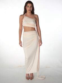 Women's Summer Solid Color Patchwork Backless Side Slit Ruched Long Dress, Fitted Sexy Elegant Party Gown - Apricot - View 2