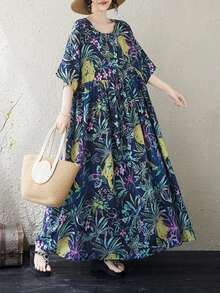AZAH 大尺碼女款休閒花卉印花長版A字洋裝，短蝙蝠袖、圓領、附口袋，適合夏季 - 藍色 - 查看 2