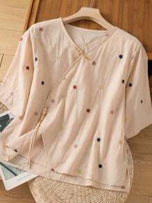 Blusa suelta y ligera con cuello en V cruzado, cintura con lazo y bordado floral de estilo chino, atuendo bohemio de vacaciones para mujer - Albaricoque - Ver 10