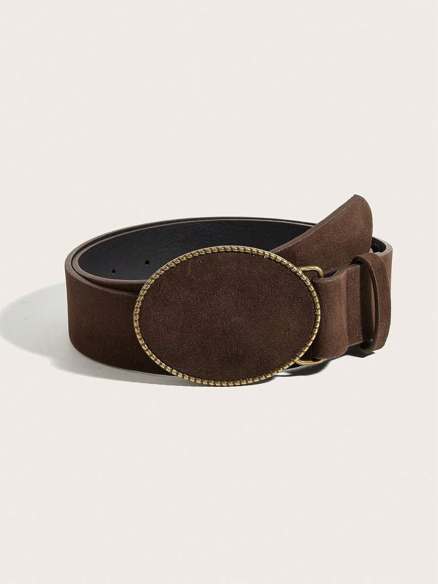 1pc Women's Retro Round Buckle Coffee Velvet Waist Belt, Suitable For Daily Wear - Coffee - View 1