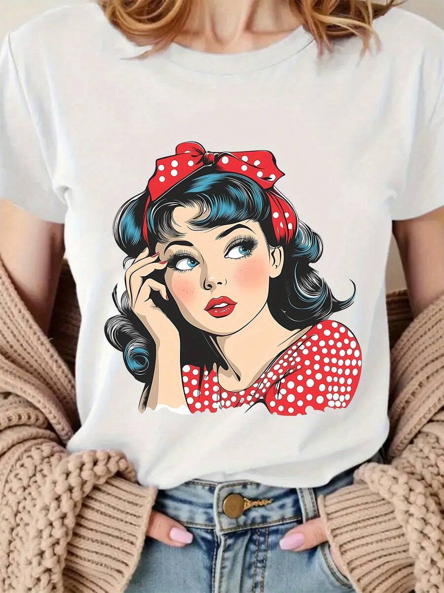 Women's Summer T-Shirt With Vintage Polka Dot Print And Lip Design - Features A Red And White Polka Dot Design, Soft And Perfect For Casual Party Outfits, Essential For Valentine's Day And Cosplay Events - Machine Washable Top, Stylish Women's Shirt - [白色的] - 查看 1