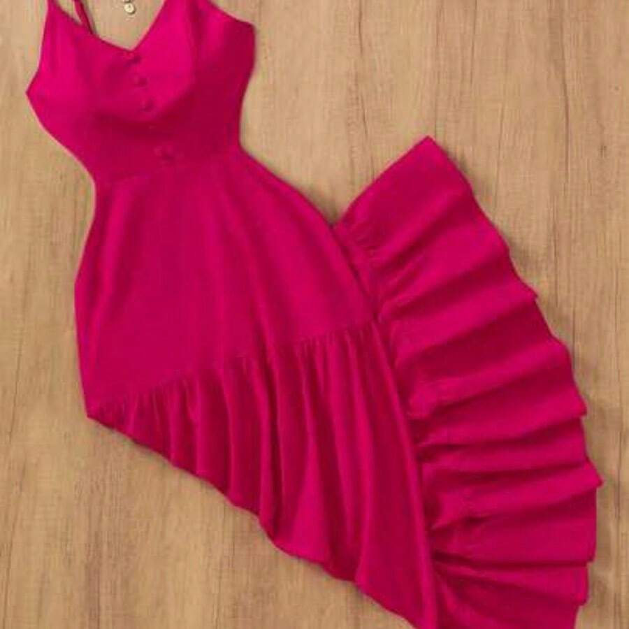 Vestido holgado de tejido suelto con espalda descubierta, deunicoloro y elegante, adecuado para fiestas, citas nocturnas, bodas, primavera/verano - Rosa Fucsia - Ver 1