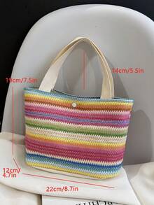 Woven Handbag, Minimalist Button Design Woven Bag, Versatile Commuter & Grocery Tote, Casual Vacation Handbag & Shoulder Bag - Multicolor - View 5